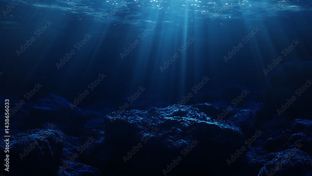 Poster dark blue background with light rays and glowing particles, creating an atmosphere of mystery and ma