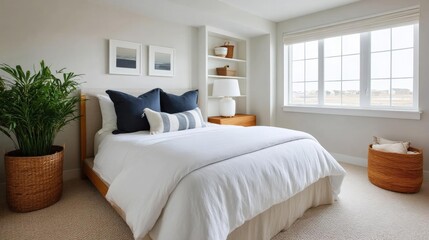 Modern and spacious bedroom with a large window on the right side. the window has white blinds and offers a view of the ocean.