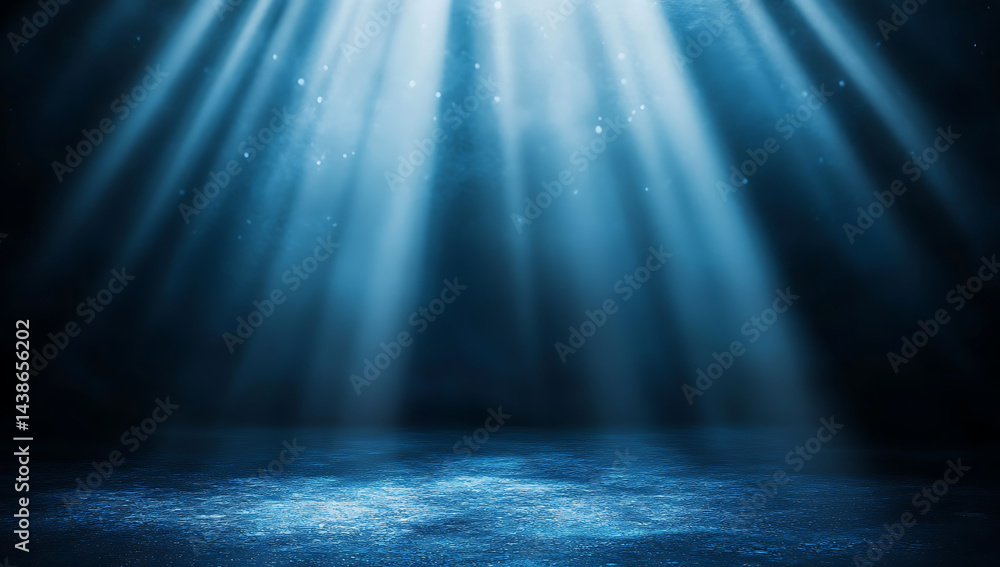 Poster dark blue background with glowing light particles and rays of light, creating an atmospheric design 