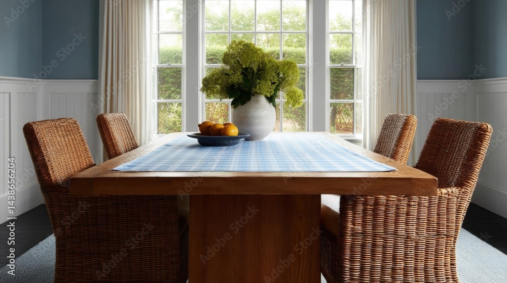 Poster dining room with a large window in the background. the window has white curtains and is letting in n