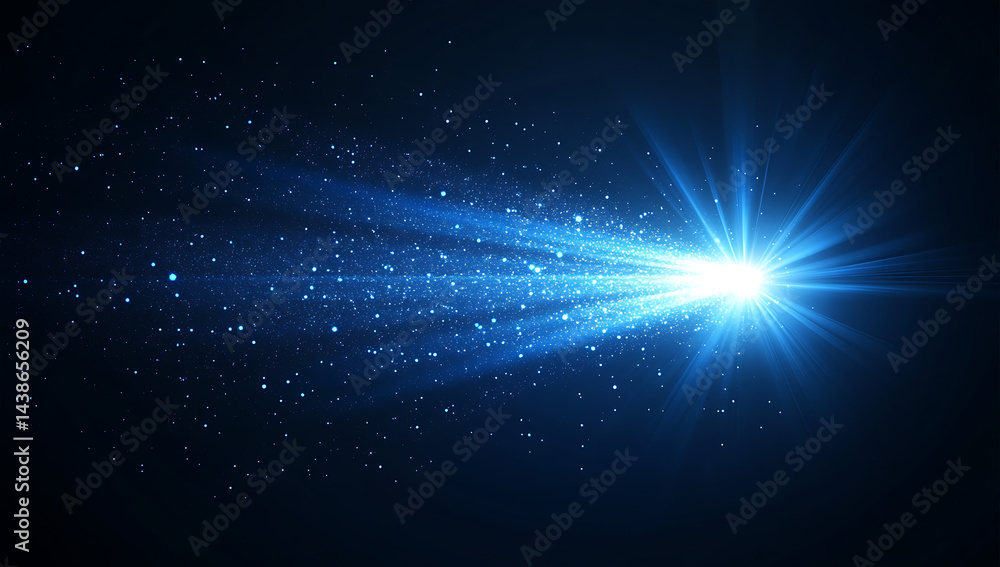 Poster dark blue background with glowing light particles and rays of light, creating an atmospheric design 