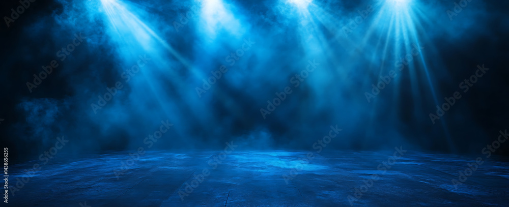 Poster dark blue background with fog and rays of light, creating an atmospheric effect.