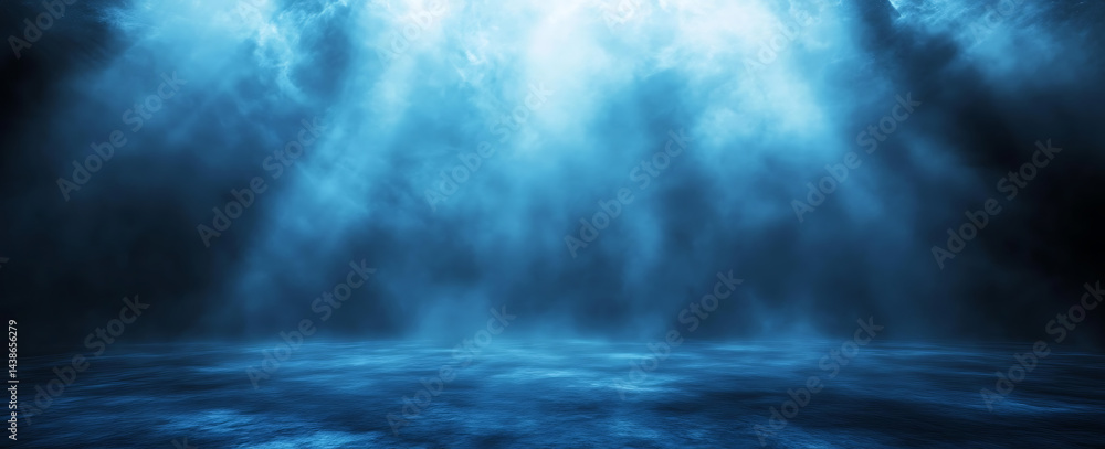 Poster dark blue background with fog and rays of light, creating an atmospheric effect.