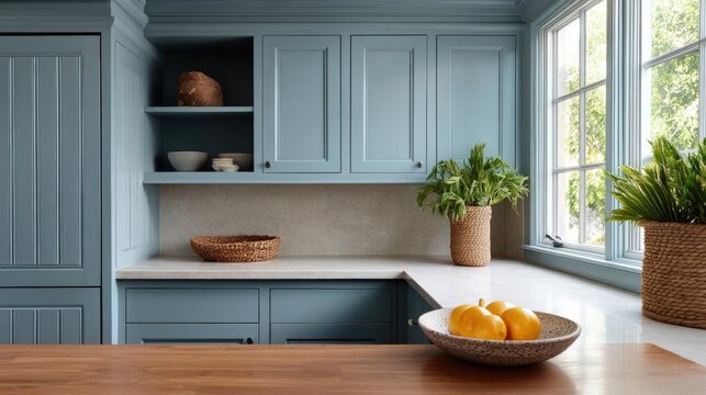 Modern kitchen with light blue cabinets and a large window on the right side. the cabinets are painted in a light blue color and have a built-in shelf above the sink.