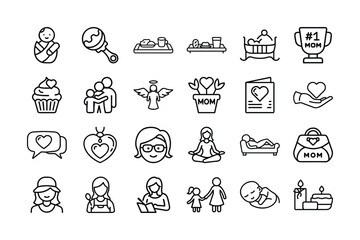 Happy mothers day outline vector icon set