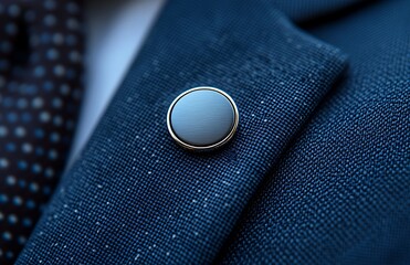 Elegant Lapel Pin Mockup on Dark Blue Suit Jacket – Close-up of Light Blue Pin for Fashion or Branding Display

