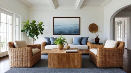 Living room with a modern and elegant design. the room has a high ceiling with white beams and a large window on the left side.