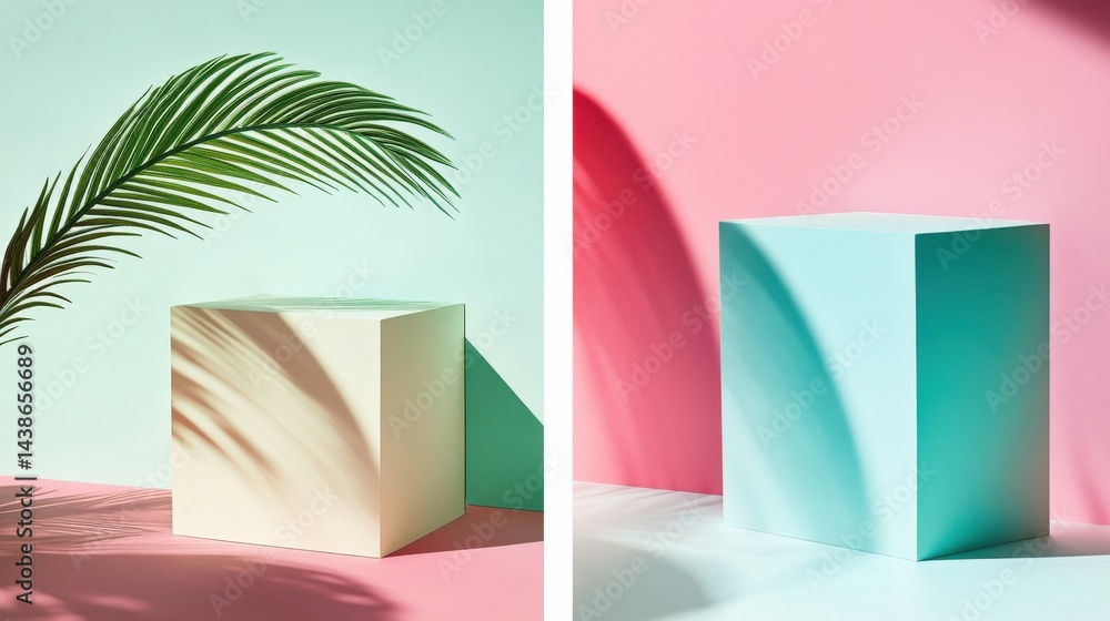 Aufkleber minimalist geometric display with pastel cubes and palm frond casting shadows in bright setting