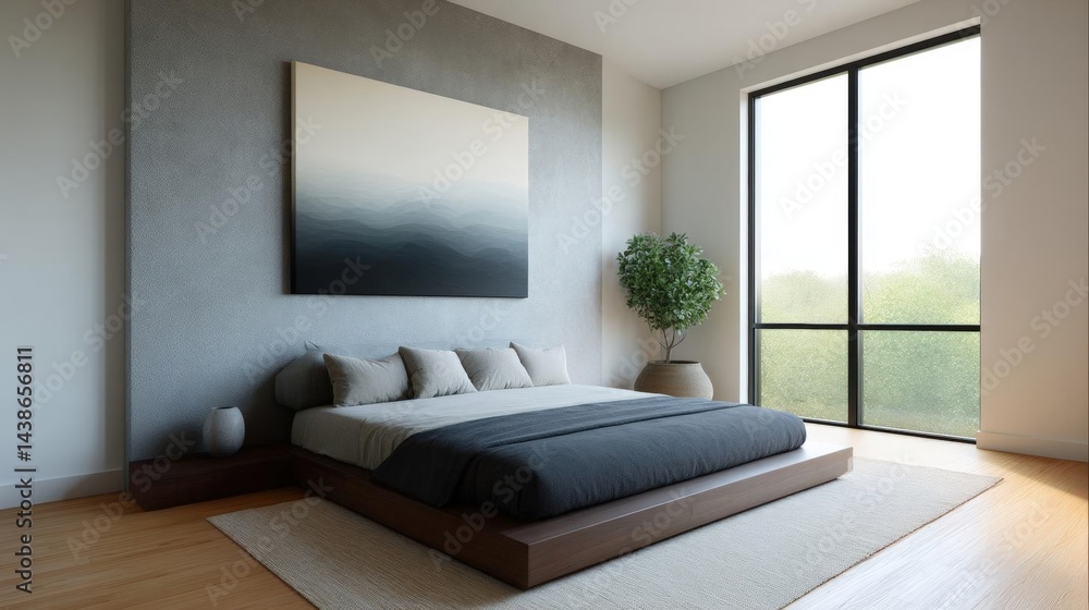 Poster modern and minimalist bedroom with a large window on the right side. the window offers a view of the
