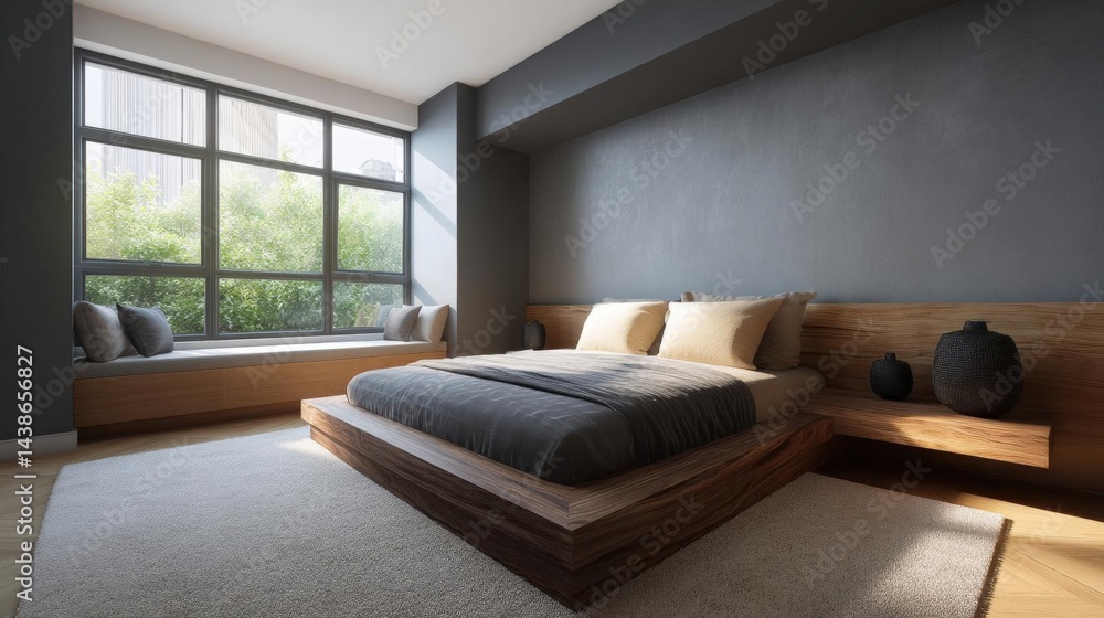 Poster modern and minimalist bedroom with a large window on the left side of the room. the window has a lar