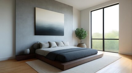 Fototapeta premium Modern and minimalist bedroom with a large window on the right side. the window offers a view of the greenery outside.