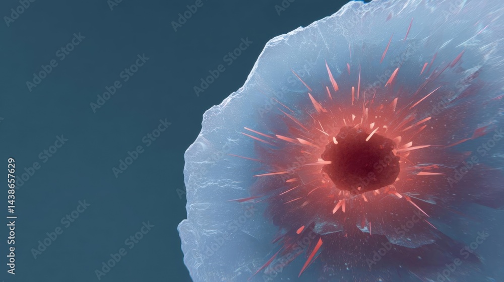 Poster close-up of a large, jagged object with a dark blue background. the object appears to be made of ice