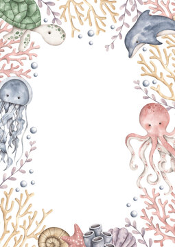 Under the sea. Watercolor hand-drawn frame with octopus, turtle, jellyfish, dolphin, starfish, seaweed, corals, seashell and bubbles. Sea-themed template card