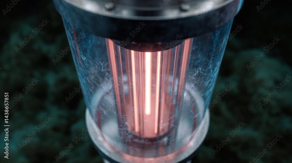 Poster close-up of a cylindrical object with a black lid. the object appears to be made of glass or a trans