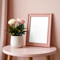 Pink old picture frame with a bouquet of flowers on a table, transparent isolated mockup of a pink picture frame in a room with pink interior