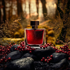 Perfume bottle with red liquid inside on black stones surrounded by berries forest background bright color soft lighting hyperrealistic very thoughtful professional stunning trend in art advertising