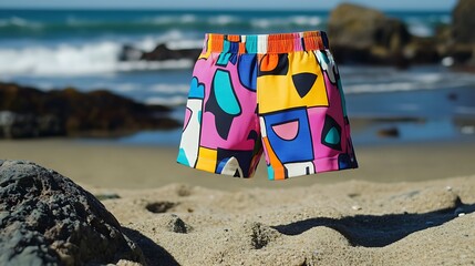 vibrant swim trunks on the beach