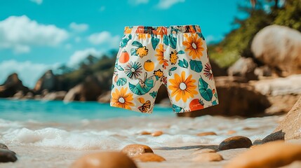 vibrant swim trunks on the beach