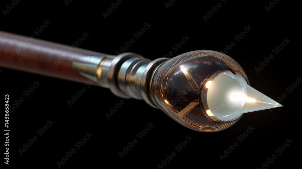 Poster close-up of a wand with a pointed tip. the wand has a wooden handle with a dark brown color. the tip