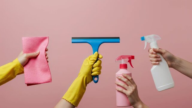 Hands holding cleaning supplies like rag, squeegee, and spray bottles on pink background. Variety of cleaning tools and detergents for house chores and professional cleaning services footage.