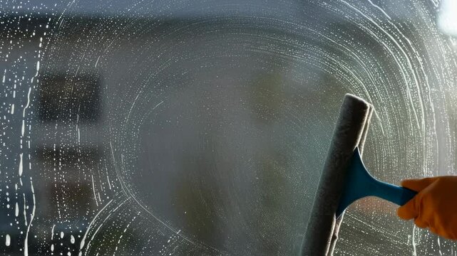 Person in orange gloves cleans a window with a squeegee leaving soapy streaks. Window cleaning process with soap and water motion graphic. Professional home or office cleaning concept footage.