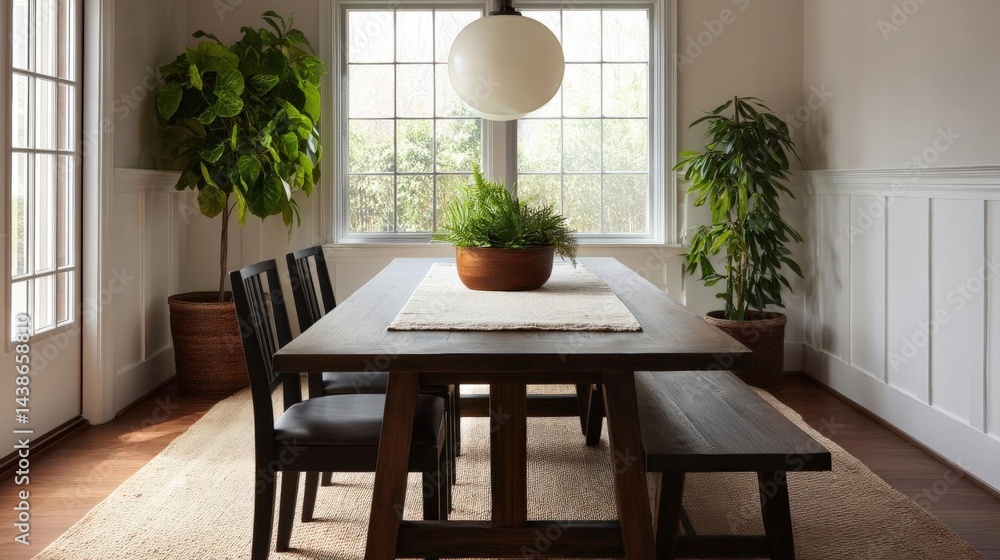 Poster dining room with a wooden table and four chairs. the table is rectangular in shape and has a white t