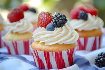 Delightful red white and blue cupcakes topped with fresh strawberries blueberries and blackberries creating a festive and delicious summer treat with soft natural