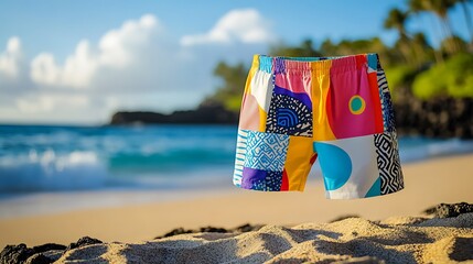 vibrant swim trunks on the beach