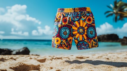 vibrant swim trunks on the beach