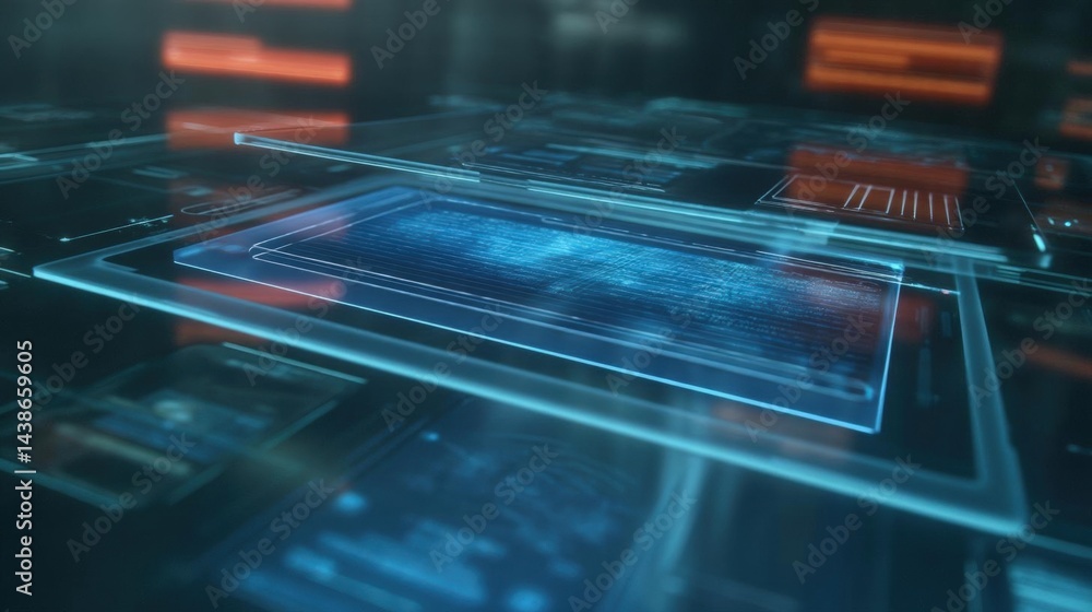 Poster futuristic interface with multiple screens and buttons. the background is dark and blurred, with ora