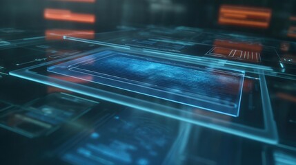 Futuristic interface with multiple screens and buttons. the background is dark and blurred, with orange and blue lines radiating from the center of the image.