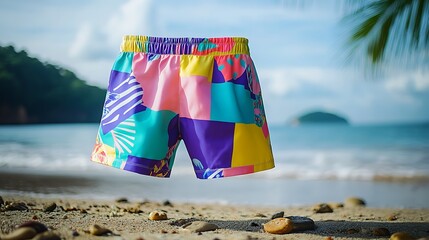 vibrant swim trunks on the beach