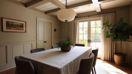 Dining room with a large wooden table in the center. the table is covered with a white tablecloth and has a potted plant on top. there are six chairs around the table, all in a dark brown color.