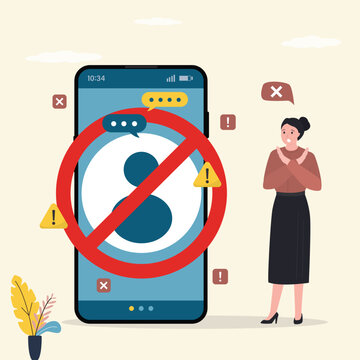 Angry woman blocked unknown profile in social network or messenger. Smartphone with blocked user account, privacy in social media. Blocking disturbing and annoying accounts.