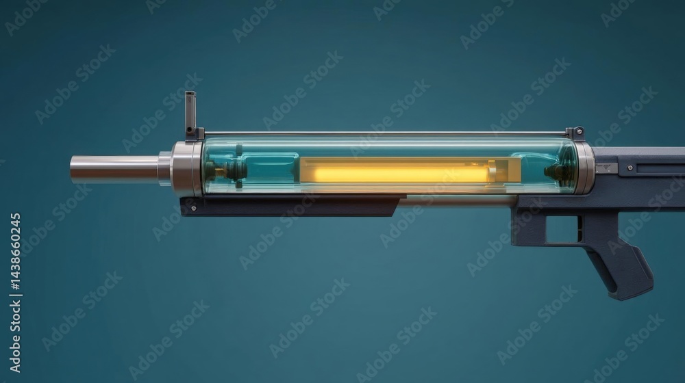 Poster 3d rendering of a futuristic weapon with a blue background. the weapon appears to be a submachine gu