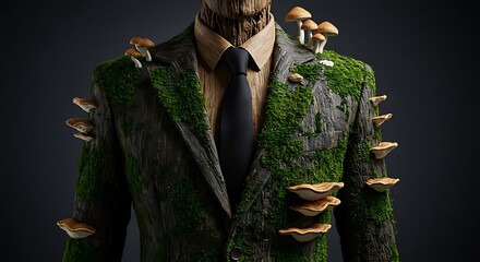 Wooden Suit with Moss and Mushrooms Growing Nature Inspired Fashion
