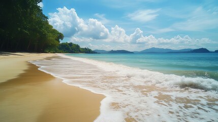 Serene tropical beach scene with white sand and azure ocean waves under a sunny sky sea blue view
