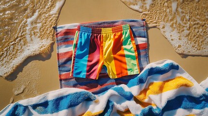 vibrant swim trunks on the beach