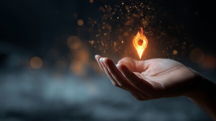 Human hand holding a fireshaped location pin over abstract particle background travel trip concept