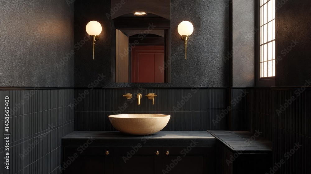 Poster modern bathroom with a black and gold color scheme. the walls are covered in dark grey tiles, and th
