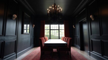 Fototapeta premium Luxurious dining room with a large window in the center. the room has dark wood paneling on the walls and ceiling, and a large chandelier hanging from the ceiling.