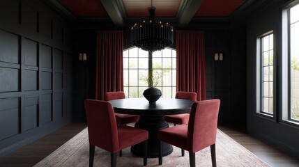 Luxurious dining room with a round black table in the center. the table is surrounded by six red chairs with black legs.
