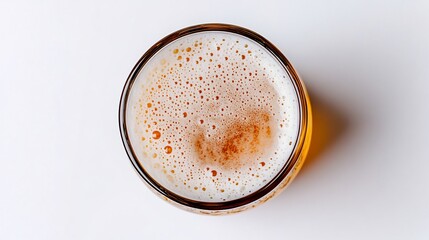 Top Down Perspective of an Engraved Beer Stein Filled With Golden Lager and Creamy Foam Isolated a White Background