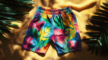 vibrant swim trunks on the beach