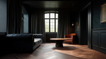 Fototapeta premium Modern and luxurious living room with dark blue walls and wooden flooring. the room has a large window with black curtains that let in natural light.