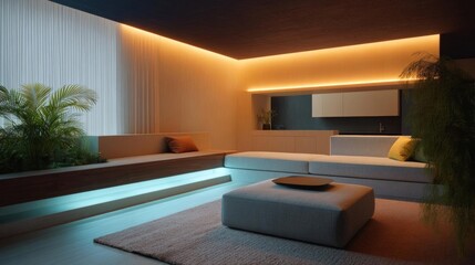 Modern living room with a minimalist design. the room has a high ceiling with a wooden paneled wall on the left side and a large window on the right side.