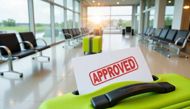 Stamped "APPROVED" visa application document lying under the strap of a vibrant green suitcase, with a blurred airport waiting area and soft warm natural lighting, Summer Documents