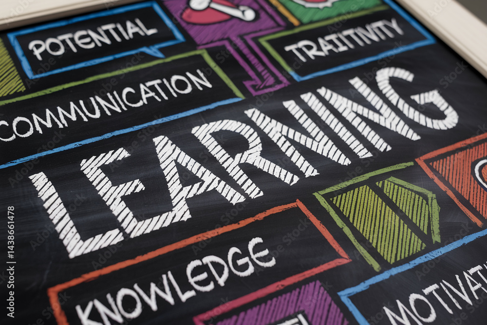 Poster chalkboard texture with the word learning and related concepts like knowledge, communication, and cr