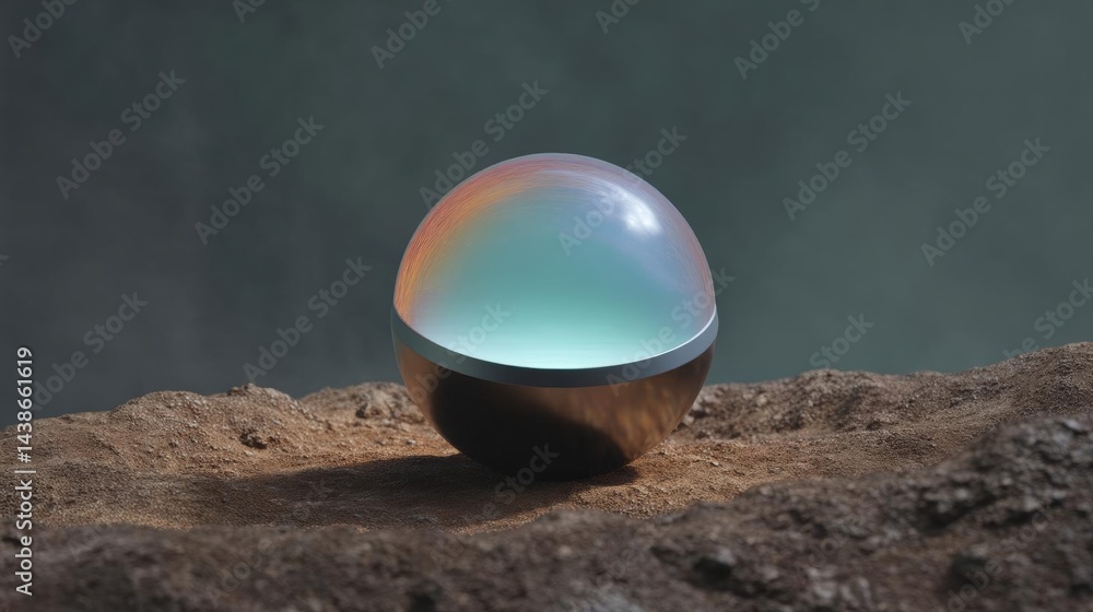 Poster spherical object, which appears to be a sphere, sitting on top of a rocky surface. the sphere is sph