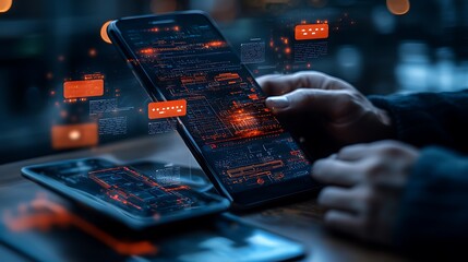 Hands interacting with futuristic, overlayed digital data on tablets
